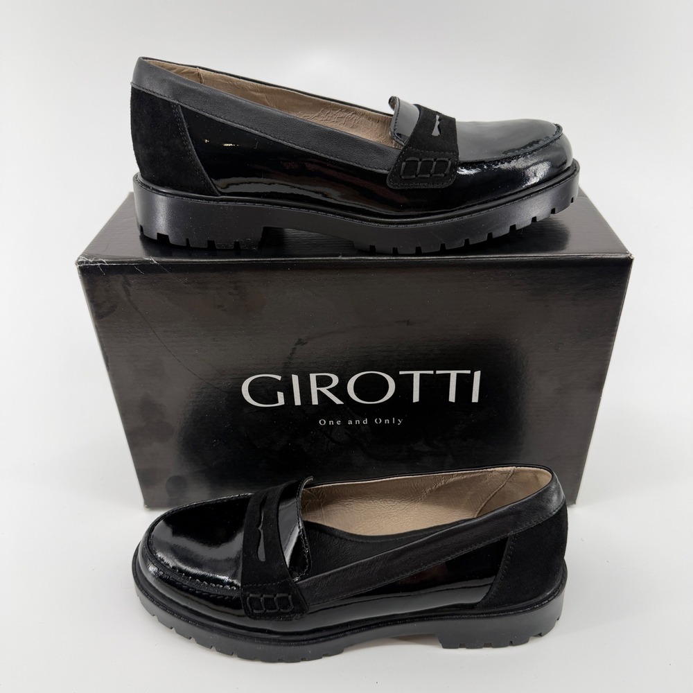 Girotti Black Patent Leather Suede Lug Sole Penny Loafers Shoes Womens 38